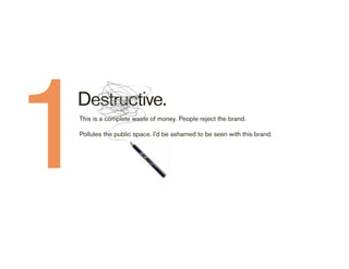1
Destructive.
This is a complete waste of money. People reject the brand.

Pollutes the public space. I’d be ashamed to be seen with this brand.
 
