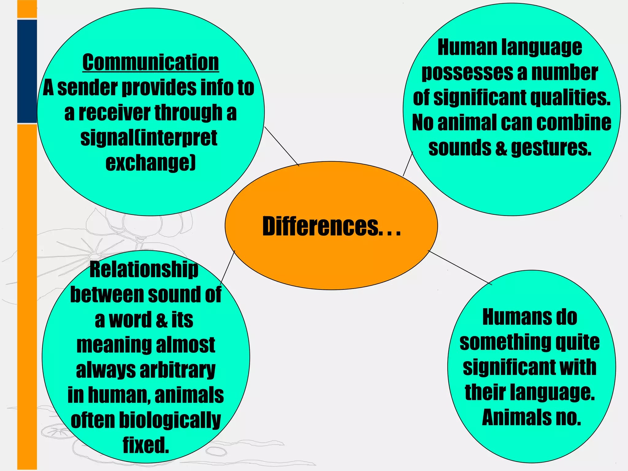 Differences. . .
Communication
A sender provides info to
a receiver through a
signal(interpret
exchange)
Human language
possesses a number
of significant qualities.
No animal can combine
sounds & gestures.
Relationship
between sound of
a word & its
meaning almost
always arbitrary
in human, animals
often biologically
fixed.
Humans do
something quite
significant with
their language.
Animals no.
 