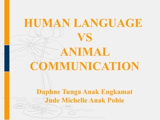 HUMAN LANGUAGE
VS
ANIMAL
COMMUNICATION
Daphne Tunga Anak Engkamat
Jude Michelle Anak Pohie
 