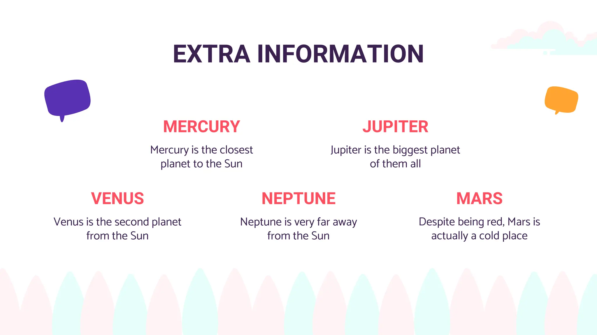 EXTRA INFORMATION
MERCURY
Mercury is the closest
planet to the Sun
NEPTUNE
Neptune is very far away
from the Sun
JUPITER
Jupiter is the biggest planet
of them all
MARS
Despite being red, Mars is
actually a cold place
VENUS
Venus is the second planet
from the Sun
 