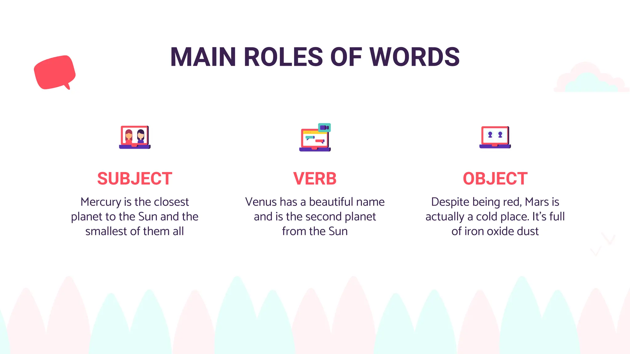 MAIN ROLES OF WORDS
SUBJECT
Mercury is the closest
planet to the Sun and the
smallest of them all
VERB
Venus has a beautiful name
and is the second planet
from the Sun
OBJECT
Despite being red, Mars is
actually a cold place. It’s full
of iron oxide dust
 