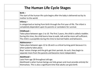 The Human Life Cycle Stages
Birth –
The start of the human life cycle begins after the baby is delivered out by its
mother to the world.
Infancy –
Is categorized as lasting from birth through the first year of life. The infant is
completely dependent upon its parents or caretakers for survival.
Childhood –
Takes place between ages 1 to 10. The first 2 years, the child is called a toddler.
During this time, the child learns how to walk, talk and be more self-sufficient.
The child is susceptible during this time to learned habits and behaviors.
Adolescence –
Takes place between ages 12 to 18 and is a critical turning point because it is
when puberty takes place.
Boys’ voices change and the girls get their periods. As such, they begin to
separate more from the parents and become more independent.
Adulthood –
Lasts from age 18 throughout old age.
Adulthood is when human beings are fully grown and must provide entirely for
themselves. This is also a significant time that adults can give birth.
 