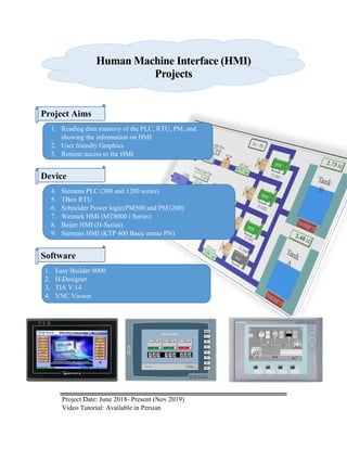 Human Machine Interface (HMI)
Projects
Project Aims
1. Reading data memory of the PLC, RTU, PM, and
showing the information on HMI
2. User friendly Graphics
3. Remote access to the HMI
Device
4. Siemens PLC (300 and 1200 series)
5. TBox RTU
6. Schneider Power logic(PM500 and PM1200)
7. Weintek HMI (MT8000 i Series)
8. Beijer HMI (H-Series)
9. Siemens HMI (KTP 400 Basic mono PN)
Software
1. Easy Builder 8000
2. H-Designer
3. TIA V.14
4. VNC Viewer
Project Date: June 2018- Present (Nov 2019)
Video Tutorial: Available in Persian
 