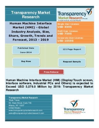 Transparency Market
Research
Human Machine Interface
Market (HMI) - Global
Industry Analysis, Size,
Share, Growth, Trends and
Forecast, 2013 - 2019
Single User License:
USD 4595
Multi User License:
USD 7595
Corporate User License:
USD 10595
Human Machine Interface Market (HMI) (Display/Touch screen,
Interface software, Industrial PCs and Others) is expected to
Exceed USD 5,579.0 Million by 2019: Transparency Market
Research
Transparency Market Research
State Tower,
90, State Street, Suite 700.
Albany, NY 12207
United States
www.transparencymarketresearch.com
sales@transparencymarketresearch.com
Published Date
June-2014
Buy Now
121 Page Report
Request Sample
Press Release
 