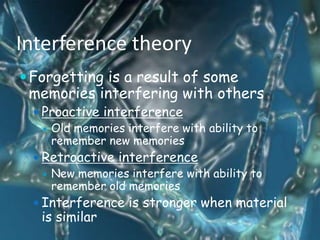 Interference theory
 Forgetting is a result of some
 memories interfering with others
   Proactive interference
     Old memories interfere with ability to
      remember new memories
   Retroactive interference
     New memories interfere with ability to
      remember old memories
   Interference is stronger when material
   is similar
 