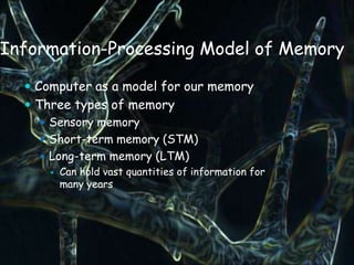 Information-Processing Model of Memory

   Computer as a model for our memory
   Three types of memory
      Sensory memory
      Short-term memory (STM)
      Long-term memory (LTM)
         Can hold vast quantities of information for
          many years
 