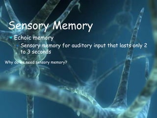Sensory Memory
   Echoic memory
      Sensory memory for auditory input that lasts only 2
       to 3 seconds
Why do we need sensory memory?
 