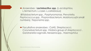  Anaerobes : Lactobacillus spp. (L.acidophilus,
L.fermentum, L.casei, L.cellobiosus)
Bifidobacterium spp., Porphyromonas, Prevotella,
Peptococcus spp., Propionibacterium, Mobiluncus(in small
numbers), Treponema spp.
 Facultative anaerobes : CoNS, Streptococci,
Corynebacterium spp, Viridans group of streptococci ,
Gardnerella vaginalis, Neisseria spp., Haemophilus
Topley and ASM Manual of clinical microbiology
 