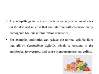 2. The nonpathogenic resident bacteria occupy attachment sites
on the skin and mucosa that can interfere with colonization by
pathogenic bacteria (Colonization resistance).
• For example, antibiotics can reduce the normal colonic flora
that allows Clostridium difficile, which is resistant to the
antibiotics, to overgrow and cause pseudomembranous colitis.
 