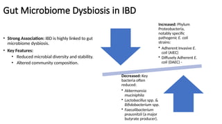 Gut Microbiome Dysbiosis in IBD
• Strong Association: IBD is highly linked to gut
microbiome dysbiosis.
• Key Features:
• Reduced microbial diversity and stability.
• Altered community composition.
Increased: Phylum
Proteobacteria,
notably specific
pathogenic E. coli
strains:
• Adherent Invasive E.
coli (AIEC)
• Diffusely Adherent E.
coli (DAEC) -
Decreased: Key
bacteria often
reduced:
• Akkermansia
muciniphila
• Lactobacillus spp. &
Bifidobacterium spp.
• Faecalibacterium
prausnitzii (a major
butyrate producer).
 