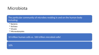 Microbiota
The particular community of microbes residing in and on the human body
including:
• Bacteria
• Archaea
• Viruses
• Microeukaryotes
10 trillion human cells vs. 100 trillion microbial cells!
10%
 