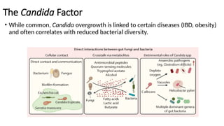 The Candida Factor
• While common, Candida overgrowth is linked to certain diseases (IBD, obesity)
and often correlates with reduced bacterial diversity.
 