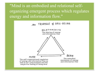 "Mind is an embodied and relational self-
organizing emergent process which regulates
energy and information flow."
 
