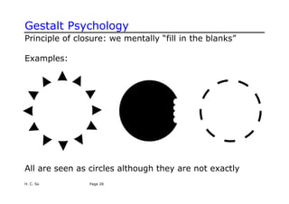 Gestalt Psychology
Principle of closure: we mentally “fill in the blanks”
Examples:
All are seen as circles although they are not exactly
H. C. So Page 28
 