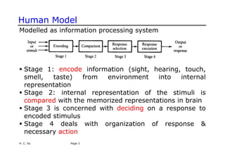Human Model
Modelled as information processing system
ƒ Stage 1: encode information (sight, hearing, touch,
smell, taste) from environment into internal
representation
ƒ Stage 2: internal representation of the stimuli is
compared with the memorized representations in brain
ƒ Stage 3 is concerned with deciding on a response to
encoded stimulus
ƒ Stage 4 deals with organization of response &
necessary action
H. C. So Page 3
 