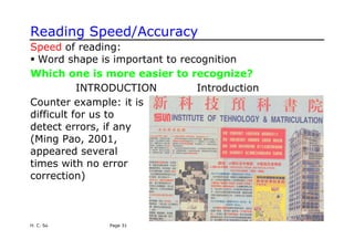 Reading Speed/Accuracy
Speed of reading:
ƒ Word shape is important to recognition
Which one is more easier to recognize?
INTRODUCTION Introduction
H. C. So Page 31
Counter example: it is
difficult for us to
detect errors, if any
(Ming Pao, 2001,
appeared several
times with no error
correction)
 