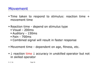 Movement
ƒ Time taken to respond to stimulus: reaction time +
movement time
ƒ Reaction time - depend on stimulus type
ƒ Visual - 200ms
ƒ Auditory - 150ms
ƒ Pain - 700ms
ƒ Combined signal will result in faster response
ƒ Movement time - dependent on age, fitness, etc.
ƒ ↓ reaction time ↓ accuracy in unskilled operator but not
in skilled operator
H. C. So Page 36
 