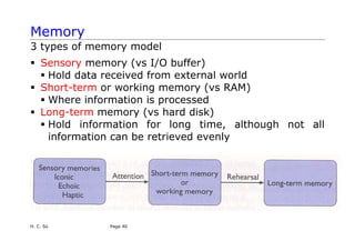 Memory
3 types of memory model
ƒ Sensory memory (vs I/O buffer)
ƒ Hold data received from external world
ƒ Short-term or working memory (vs RAM)
ƒ Where information is processed
ƒ Long-term memory (vs hard disk)
ƒ Hold information for long time, although not all
information can be retrieved evenly
H. C. So Page 40
 