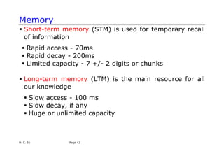 H. C. So Page 42
Memory
ƒ Short-term memory (STM) is used for temporary recall
of information
ƒ Rapid access - 70ms
ƒ Rapid decay - 200ms
ƒ Limited capacity - 7 +/- 2 digits or chunks
ƒ Long-term memory (LTM) is the main resource for all
our knowledge
ƒ Slow access - 100 ms
ƒ Slow decay, if any
ƒ Huge or unlimited capacity
 