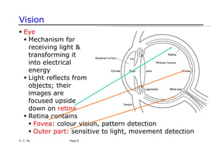 Vision
H. C. So Page 6
ƒ Eye
ƒ Mechanism for
receiving light &
transforming it
into electrical
energy
ƒ Light reflects from
objects; their
images are
focused upside
down on retina
ƒ Retina contains
ƒ Fovea: colour vision, pattern detection
ƒ Outer part: sensitive to light, movement detection
 