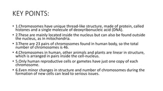 KEY POINTS:
• 1.Chromosomes have unique thread-like structure, made of protein, called
histones and a single molecule of deoxyribonucleic acid (DNA).
• 2.These are mainly located inside the nucleus but can also be found outside
the nucleus, as in mitochondria.
• 3.There are 23 pairs of chromosomes found in human body, so the total
number of chromosomes is 46.
• 4.Chromosomes in human, other animals and plants are linear in structure,
which is arranged in pairs inside the cell-nucleus.
• 5.Only human reproductive cells or gametes have just one copy of each
chromosome.
• 6.Even minor changes in structure and number of chromosomes during the
formation of new cells can lead to serious issues.
 