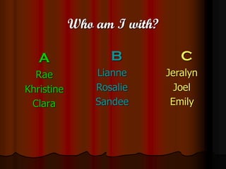 Who am I with?

   A               B            C
  Rae           Lianne       Jeralyn
Khristine       Rosalie        Joel
 Clara          Sandee        Emily
 
