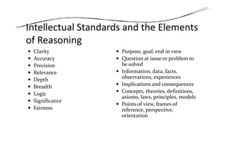 Intellectual Standards and the Elements
of Reasoning
Clarity
Accuracy
Precision
Relevance
Depth
Purpose, goal, end in view
Question at issue or problem to
be solved
Information, data, facts,
observations, experiencesDepth
Breadth
Logic
Significance
Fairness
observations, experiences
Implications and consequences
Concepts, theories, definitions,
axioms, laws, principles, models
Points of view, frames of
reference, perspective,
orientation
 