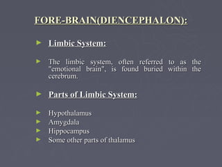 FORE-BRAIN(DIENCEPHALON):

►   Limbic System:
►   The limbic system, often referred to as the
    "emotional brain", is found buried within the
    cerebrum.

►   Parts of Limbic System:
►   Hypothalamus
►   Amygdala
►   Hippocampus
►   Some other parts of thalamus
 