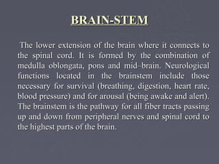 BRAIN-STEM
 The lower extension of the brain where it connects to
the spinal cord. It is formed by the combination of
medulla oblongata, pons and mid–brain. Neurological
functions located in the brainstem include those
necessary for survival (breathing, digestion, heart rate,
blood pressure) and for arousal (being awake and alert).
The brainstem is the pathway for all fiber tracts passing
up and down from peripheral nerves and spinal cord to
the highest parts of the brain.
 