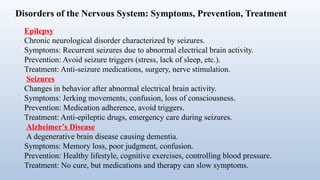 Disorders of the Nervous System: Symptoms, Prevention, Treatment
Epilepsy
Chronic neurological disorder characterized by seizures.
Symptoms: Recurrent seizures due to abnormal electrical brain activity.
Prevention: Avoid seizure triggers (stress, lack of sleep, etc.).
Treatment: Anti-seizure medications, surgery, nerve stimulation.
Seizures
Changes in behavior after abnormal electrical brain activity.
Symptoms: Jerking movements, confusion, loss of consciousness.
Prevention: Medication adherence, avoid triggers.
Treatment: Anti-epileptic drugs, emergency care during seizures.
Alzheimer’s Disease
A degenerative brain disease causing dementia.
Symptoms: Memory loss, poor judgment, confusion.
Prevention: Healthy lifestyle, cognitive exercises, controlling blood pressure.
Treatment: No cure, but medications and therapy can slow symptoms.
 