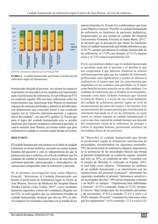 Cuidado humanizado de enfermería según la teoría de Jean Watson, servicio de medicina
Rev enferm Herediana. 2016;9(2):127-136. 133
humanizado dirigido al paciente. Así mismo los aspectos
espirituales involucrados en los cuidados son importantes
para el profesional de enfermería, el cual reflejan un 87%
en condición regular. Ello nos hace reflexionar sobre los
conocimientos que mencionan Jean Watson en mantener
sistemas de creencias profundas y subjetivas del individuo.
Las dimensiones que coinciden frente a una condición
regular son la “relación enfermera-paciente y aspectos
éticos del cuidado”: con una 65% (gráfico 2). Puesto que
para el logro del cuidado humanizado solo es posible
mediante una relación terapéutica enfermera-paciente, el
cual lo sostiene Jean Watson, así mismo refiere que para
enfermería el cuidado es su razón moral; basado en la ética.
DISCUSIÓN
El cuidado humanizado está inmerso en la labor de cuidado
enfermero en forma holística, teniendo en cuenta la parte
humana del paciente y esto es independiente de que la
persona esté sana o enferma, con el fin de establecer que los
cuidados de calidad se sustentan a través de una relación
enfermera-paciente, interconectado e intersubjetivo, de
sensaciones compartidas entre la enfermera y paciente.
En la presente investigación tiene como Objetivo
General: “determinar el Cuidado Humanizado que
brinda el profesional de Enfermería según la Teoría de
Jean Watson, Servicio de Medicina del Hospital Daniel
Alcides Carrión. Lima- Callao, 2015”; cuyos resultados
fueron los siguientes, a través de 3 estándares, Regular con
un 52%, el cual significa que los enfermeros brindan un
cuidado humanizado, mientras que solo un 26%, es alto.
Al comparar los resultados coinciden con el estudio de los
autores Gonzáles G, Oviedo H y colaboradores que tiene
como Objetivo General “Percibir el cuidado humanizado
de enfermería en familiares de pacientes pediátricos,
hospitalizados en una unidad de cuidado del Hospital
Universitario Fernando Troconis en Santa Marta, 2011”,
se encontró que la percepción que tienen los familiares
frente al cuidado humanizado que brinda enfermera es que
el 58,7% siempre percibieron el cuidado humanizado de
las enfermeras, el 17,5% casi siempre, el 13,3% algunas
veces y el 7,5% nunca lo percibieron (33).
Por lo cual podemos deducir que el cuidado humanizado
es percibido tanto por el paciente y el familiar lo que
nos compromete a que debemos fortalecer la relación
enfermera-paciente para que los cuidados de Enfermería
profesionales sean significativos y ayuden en afianzar la
confianza en el usuario para que los conocimientos que
impartimos en sus cuidados sean percibidos en el sujeto
como beneficioso para asumirlo en su vida cotidiana. Los
cuidados de Enfermeria que se brindan en los hospitales,
teniendo como base cuidados holísticos que sustenta
la teoría de Watson J, a través de una visión humanista
del cuidado de enfermería, permite lograr un nivel de
reconocimiento por parte del usuario y del familiar. Este
reconocimiento del usuario permite que el profesional de
enfermeria trascienda en el ser de enfermería, su razón
moral, así mismo sustenta un cuidado transpersonal, el
cual es una clase especial de cuidado humano que depende
del compromiso moral de la enfermera, de proteger y
realzar la dignidad humana; permitiendo satisfacer las
necesidades básica de los pacientes.
Al “Describir el cuidado humanizado que brinda
el profesional según la dimensión satisfacción de
necesidades, encontrándose los siguientes resultados:
59% del profesional de enfermería adquiere importancia
en la asistencias de las necesidades básicas que brinda
al paciente hospitalizado en condición regular, mientras
que solo un 30%, en condición de alto; “coinciden con
el estudio de Barriedo V, realizado en España; 2013,
el cual tiene como objetivo. “Determinar los atributos
de un cuidado humanizado y su interrelación con las
características del personal asistencial”, obteniendo los
siguientes resultados el primero “permanece sensitivo a
las necesidades del otro”: 49% de las respuestas a menudo
y un 44,8% en siempre. “Implementa bien habilidades
y técnicas”: el 51% a menudo, frente al 37,5% siempre.
El tercero “deja tiempo para las necesidades personales
y de crecimiento: 47,8% a menudo, 27,1% a veces y el
20,8% siempre. El cuarto “ considera las relaciones antes
que los reglamentos”: 41% a menudo, 37,5 a veces (12).
Gráfico 2. Cuidado humanizado que brinda el profesional de
enfermería según las dimensiones.
FUENTE: Instrumento elaborado por Jan Nybergs 1990.
 