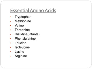 EssentialAmino Acids
• Tryptophan
• Methionine
• Valine
• Threonine
• Histidine(infants)
• Phenylalanine
• Leucine
• Isoleucine
• Lysine
• Arginine
 