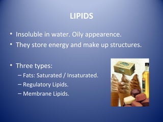 LIPIDS
• Insoluble in water. Oily appearence.
• They store energy and make up structures.
• Three types:
– Fats: Saturated / Insaturated.
– Regulatory Lipids.
– Membrane Lipids.
 