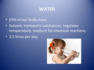 WATER
• 65% of our body mass.
• Solvent, transports substances, regulates
temperature, medium for chemical reactions.
• 2,5 litres per day.
 