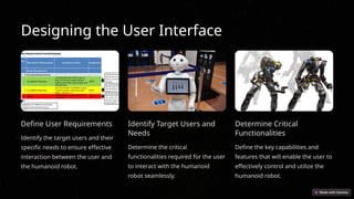 Designing the User Interface
Define User Requirements
Identify the target users and their
specific needs to ensure effective
interaction between the user and
the humanoid robot.
Identify Target Users and
Needs
Determine the critical
functionalities required for the user
to interact with the humanoid
robot seamlessly.
Determine Critical
Functionalities
Define the key capabilities and
features that will enable the user to
effectively control and utilize the
humanoid robot.
 