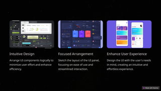 Intuitive Design
Arrange UI components logically to
minimize user effort and enhance
efficiency.
Focused Arrangement
Sketch the layout of the UI panel,
focusing on ease of use and
streamlined interaction.
Enhance User Experience
Design the UI with the user's needs
in mind, creating an intuitive and
effortless experience.
 