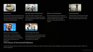 Early Pioneers
The concept of humanoid robots dates back to
the 18th century, with pioneers like Jacques de
Vaucanson and Leonardo da Vinci exploring
mechanical humanoid designs.
Mid-20th Century Advancements
In the 1950s-1960s, researchers made
significant progress, developing some of the
first humanoid robot prototypes like WABOT-1
and HONDA's P2.
Modern Humanoid Robots
Recent decades have seen an explosion of
humanoid robot development, with advanced
models like ASIMO, Atlas, and Pepper
becoming increasingly sophisticated and
capable.
Improved Mobility
Humanoid robots are becoming more agile,
with enhanced balance, dexterity, and the
ability to navigate complex environments.
Advancing AI and Cognition
Breakthroughs in artificial intelligence,
machine learning, and natural language
processing are enabling humanoid robots to
perceive, reason, and interact more
intelligently.
Human-Robot Interaction
Humanoid robots are being designed to work
seamlessly alongside humans, with improved
social awareness and the ability to
communicate more naturally.
The Future of Humanoid Robotics
As these technologies continue to evolve, humanoid robots have the potential to transform industries, enhance human capabilities, and push the boundaries of what is possible in robotics and
artificial intelligence.
 