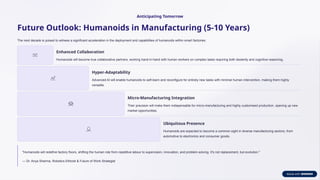 Anticipating Tomorrow
Future Outlook: Humanoids in Manufacturing (5-10 Years)
The next decade is poised to witness a significant acceleration in the deployment and capabilities of humanoids within smart factories:
Enhanced Collaboration
Humanoids will become true collaborative partners, working hand-in-hand with human workers on complex tasks requiring both dexterity and cognitive reasoning.
Hyper-Adaptability
Advanced AI will enable humanoids to self-learn and reconfigure for entirely new tasks with minimal human intervention, making them highly
versatile.
Micro-Manufacturing Integration
Their precision will make them indispensable for micro-manufacturing and highly customised production, opening up new
market opportunities.
Ubiquitous Presence
Humanoids are expected to become a common sight in diverse manufacturing sectors, from
automotive to electronics and consumer goods.
"Humanoids will redefine factory floors, shifting the human role from repetitive labour to supervision, innovation, and problem-solving. It's not replacement, but evolution."
— Dr. Anya Sharma, Robotics Ethicist & Future of Work Strategist
 