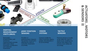 ACTUATORS
,
MOTORS
&
SENSORS
II
Gyroscopes,
accelerometers, and
sometimes
magnetometers provide
information about
orientation, acceleration,
and rotational
movements.
INERTIAL
MEASUREMENT
UNITS (IMUS)
JOINT POSITION
SENSORS
Encoders or
potentiometers measure
the position of each joint,
allowing the robot to
control its movements
accurately.
VISION
SYSTEMS
Cameras enable the
robot to perceive objects,
people, and obstacles in
its surroundings.
TACTILE
SENSORS
Pressure sensors or tactile
arrays allow the robot to
sense touch, enabling it to
interact with objects and
humans more safely and
accurately.
 