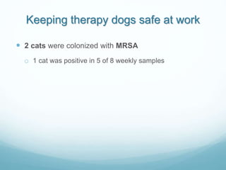 Keeping therapy dogs safe at work
 2 cats were colonized with MRSA
o 1 cat was positive in 5 of 8 weekly samples
 