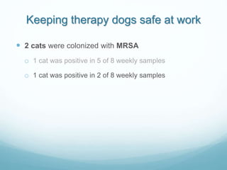 Keeping therapy dogs safe at work
 2 cats were colonized with MRSA
o 1 cat was positive in 5 of 8 weekly samples
o 1 cat ...