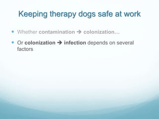 Keeping therapy dogs safe at work
 Whether contamination  colonization…
 Or colonization  infection depends on several...