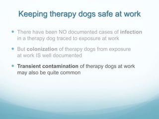 Keeping therapy dogs safe at work
 There have been NO documented cases of infection
in a therapy dog traced to exposure a...
