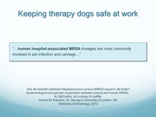 Keeping therapy dogs safe at work
“…human hospital-associated MRSA lineages are most commonly
involved in pet infection an...