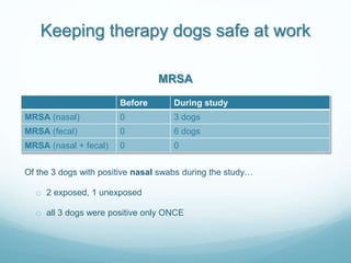 Keeping therapy dogs safe at work
Before During study
MRSA (nasal) 0 3 dogs
MRSA (fecal) 0 6 dogs
MRSA (nasal + fecal) 0 0...