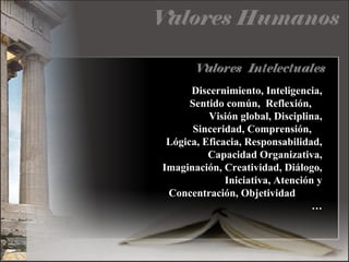 Discernimiento, Inteligencia,
Sentido común, Reflexión,
Visión global, Disciplina,
Sinceridad, Comprensión,
Lógica, Eficacia, Responsabilidad,
Capacidad Organizativa,
Imaginación, Creatividad, Diálogo,
Iniciativa, Atención y
Concentración, Objetividad
…
 