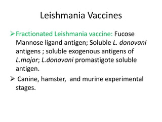 Leishmania Vaccines
Fractionated Leishmania vaccine: Fucose
Mannose ligand antigen; Soluble L. donovani
antigens ; soluble exogenous antigens of
L.major; L.donovani promastigote soluble
antigen.
 Canine, hamster, and murine experimental
stages.

 