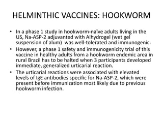 HELMINTHIC VACCINES: HOOKWORM
• In a phase 1 study in hookworm-naïve adults living in the
US, Na-ASP-2 adjuvanted with Alhydrogel (wet gel
suspension of alum) was well-tolerated and immunogenic.
• However, a phase 1 safety and immunogenicity trial of this
vaccine in healthy adults from a hookworm endemic area in
rural Brazil has to be halted when 3 participants developed
immediate, generalized urticarial reaction.
• The urticarial reactions were associated with elevated
levels of IgE antibodies speciﬁc for Na-ASP-2, which were
present before immunization most likely due to previous
hookworm infection.

 