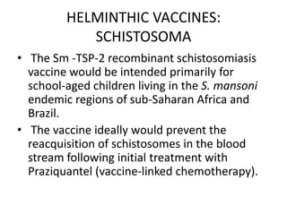 HELMINTHIC VACCINES:
SCHISTOSOMA
• The Sm -TSP-2 recombinant schistosomiasis
vaccine would be intended primarily for
school-aged children living in the S. mansoni
endemic regions of sub-Saharan Africa and
Brazil.
• The vaccine ideally would prevent the
reacquisition of schistosomes in the blood
stream following initial treatment with
Praziquantel (vaccine-linked chemotherapy).

 