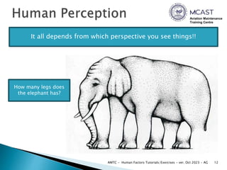 Aviation Maintenance
Training Centre
12
AMTC - Human Factors Tutorials/Exercises - ver. Oct 2023 - AG
It all depends from which perspective you see things!!
How many legs does
the elephant has?
 